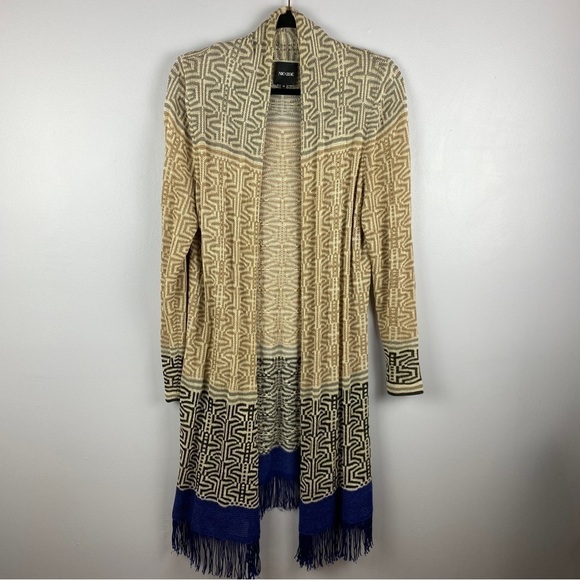 NIC + Zoe Linen Blend Boho Geometric Open Front Fringe Cardigan Medium Cream - Picture 3 of 12